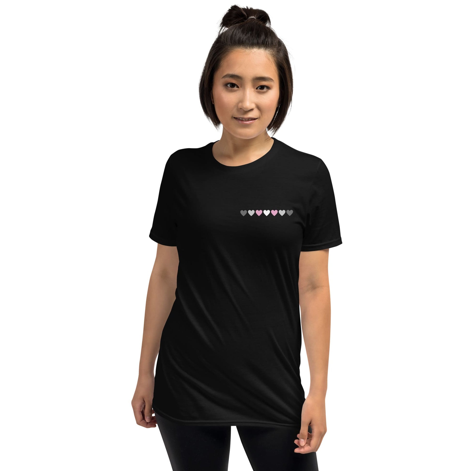 demigirl shirt, subtle demigender pride pocket design tee, model