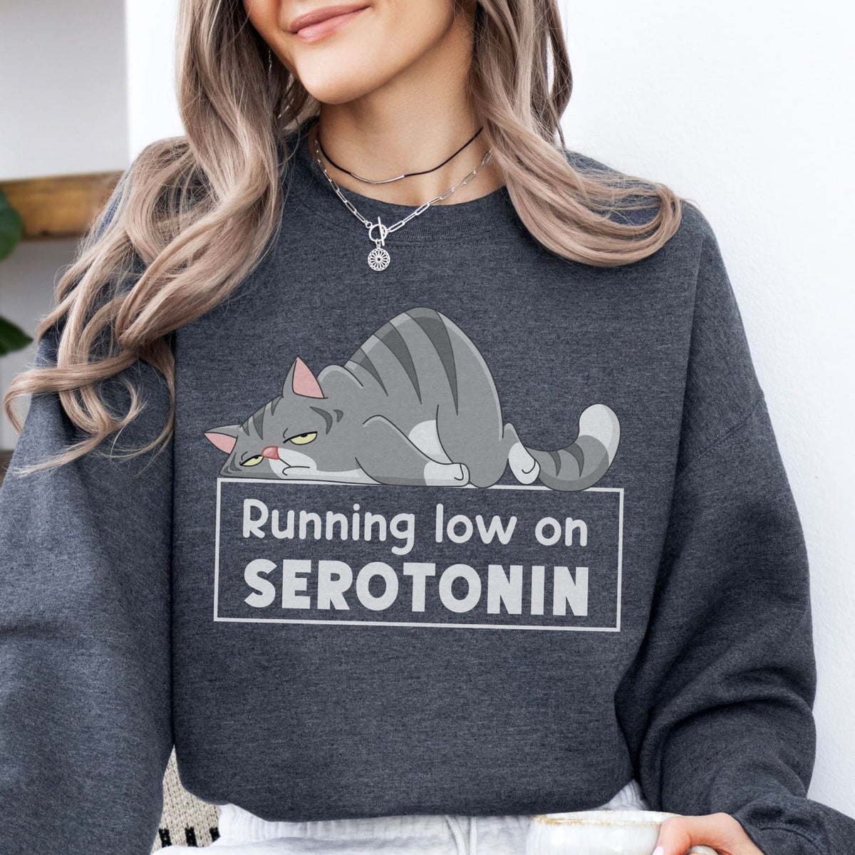 Person wearing a dark gray mental health awareness sweatshirt with a cat graphic and text 'Running low on SEROTONIN'.