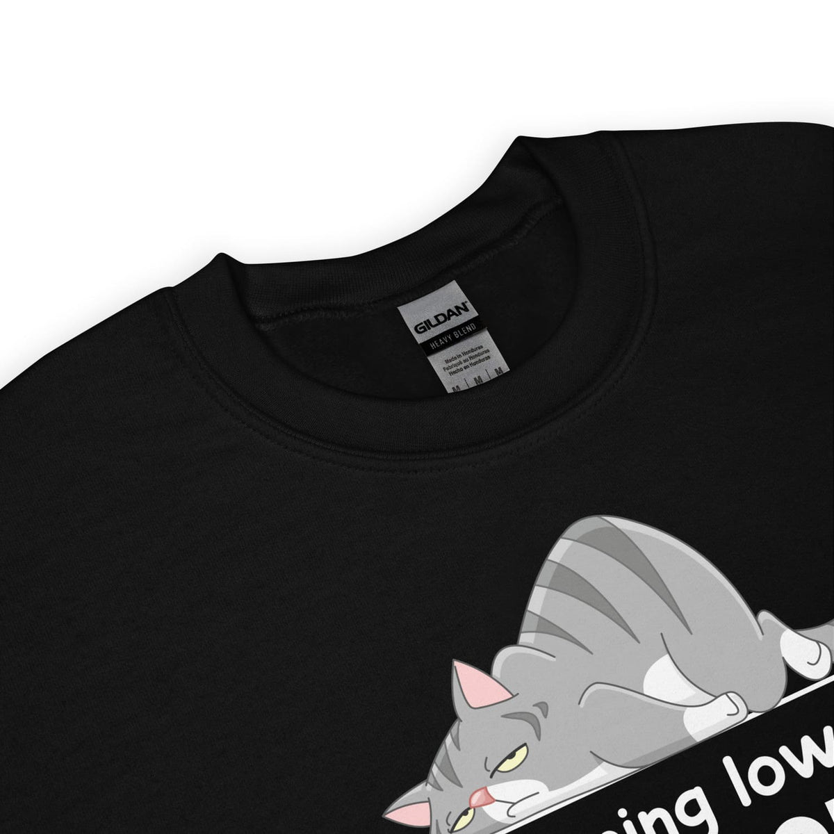 Black mental health awareness sweatshirt with a cat graphic and Gildan label on a white background