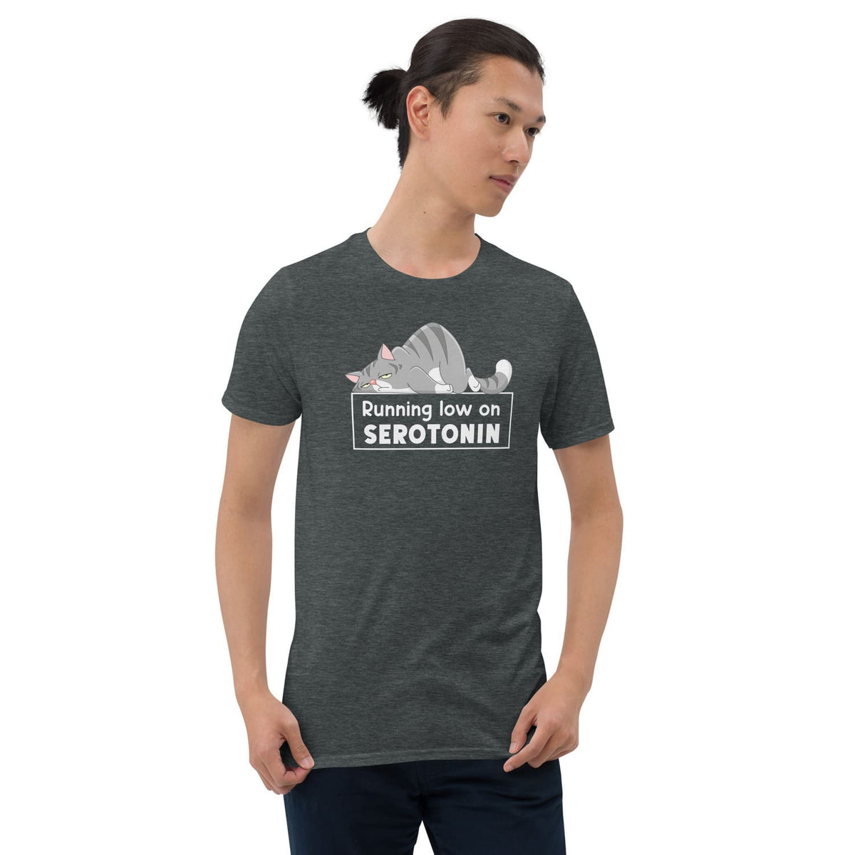 Person wearing a dark gray mental health awareness  t-shirt with a graphic and text on a white background