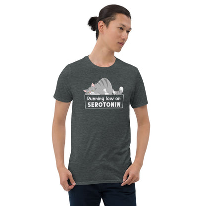 Person wearing a dark gray mental health awareness  t-shirt with a graphic and text on a white background