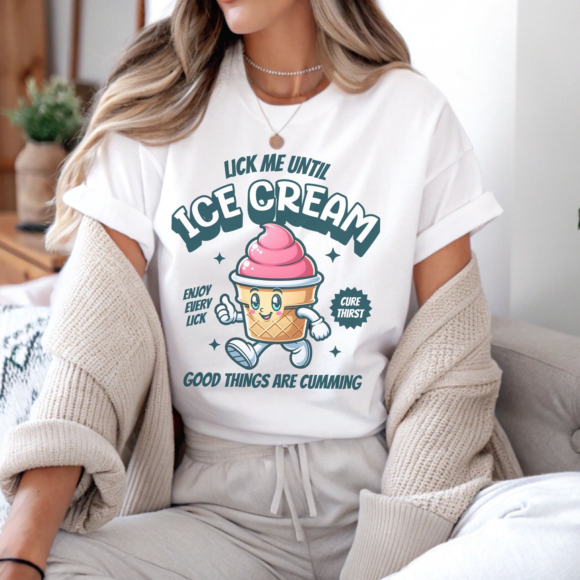Person wearing a white t-shirt with ice cream graphic and text: Inappropriate Womens Shirt, Embarrassing Summer Tee, Retro Unhinged Ice Cream Shirt, Funny Gag Gift, Offensive Meme T-Shirt, Adult Humor