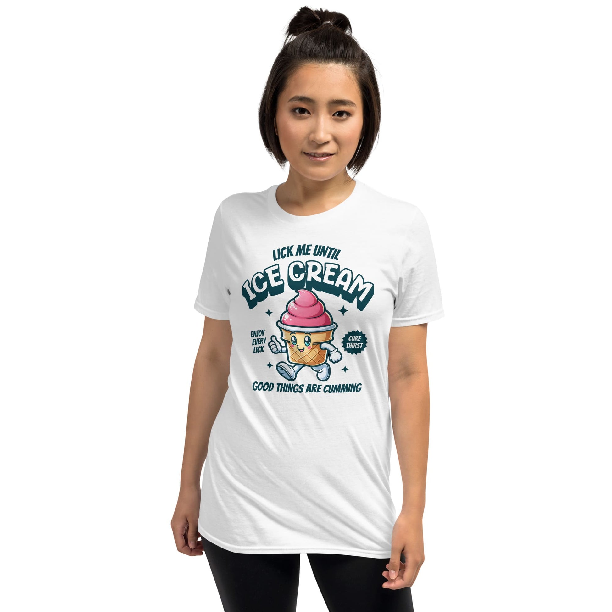 Person wearing a white t-shirt with an ice cream graphic and text on a white background: Inappropriate Womens Shirt, Embarrassing Summer Tee, Retro Unhinged Ice Cream Shirt, Funny Gag Gift, Offensive Meme T-Shirt, Adult Humor