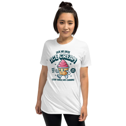 Person wearing a white t-shirt with an ice cream graphic and text on a white background: Inappropriate Womens Shirt, Embarrassing Summer Tee, Retro Unhinged Ice Cream Shirt, Funny Gag Gift, Offensive Meme T-Shirt, Adult Humor