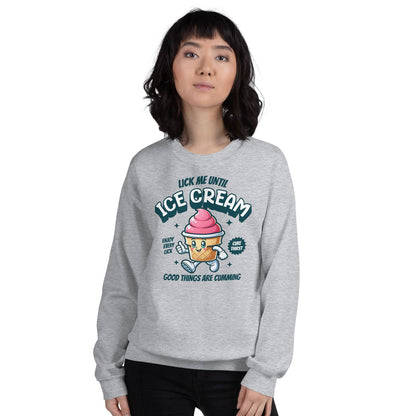 Person wearing a gray sweatshirt with ice cream graphic and adult humor text