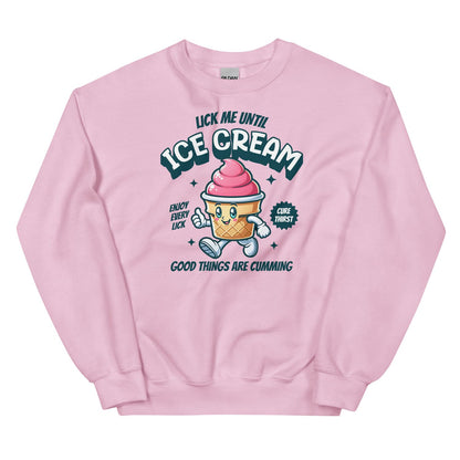 Pink sweatshirt with ice cream character graphic and adult humor text on a white background