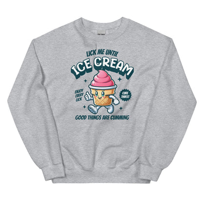 Gray sweatshirt with ice cream cartoon and adult humor text on a white background