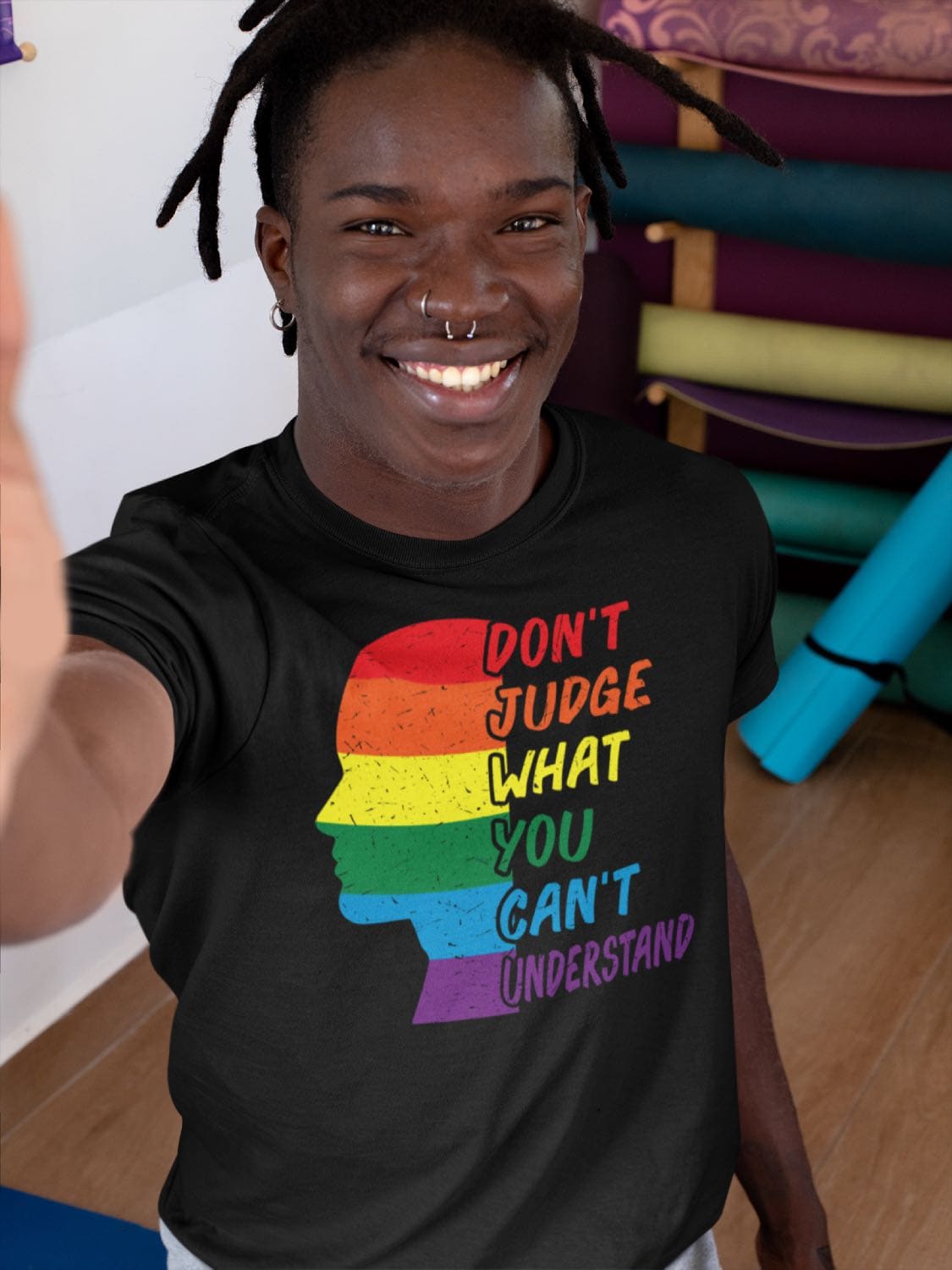 pride shirt, LGBT awareness tee, in use