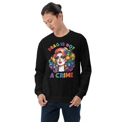 Person wearing a black sweatshirt with a drag queen graphic design on a white background