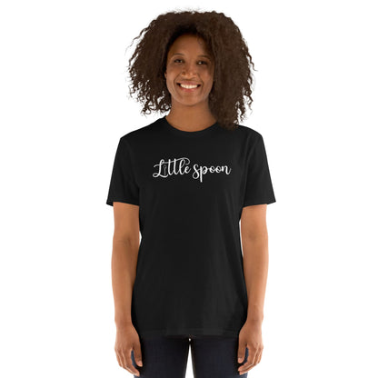 Person wearing a black polyam pride t-shirt with 'Little spoon' ENM text on a white background