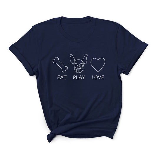 Navy blue t-shirt with white graphic and text 'EAT', 'PLAY', 'LOVE' on a white background: Pup Play Shirt, Funny Pet Play Tee, Puppy & Handler T-shirts, Human Puppy Shirt, Puppy Hood Tee,  Gift, Petplay Gift
