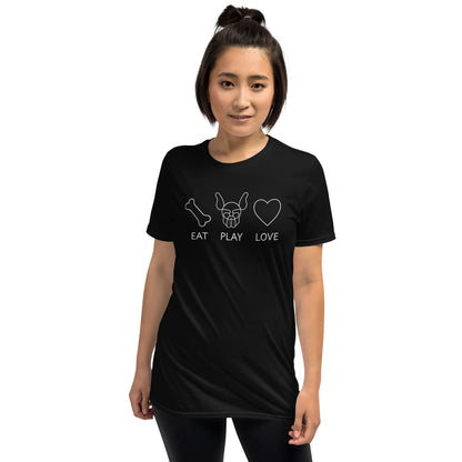 Person wearing a black t-shirt with white graphics and text on a white background: Pup Play Shirt, Funny Pet Play Tee, Puppy & Handler T-shirts, Human Puppy Shirt, Puppy Hood Tee,  Gift, Petplay Gift
