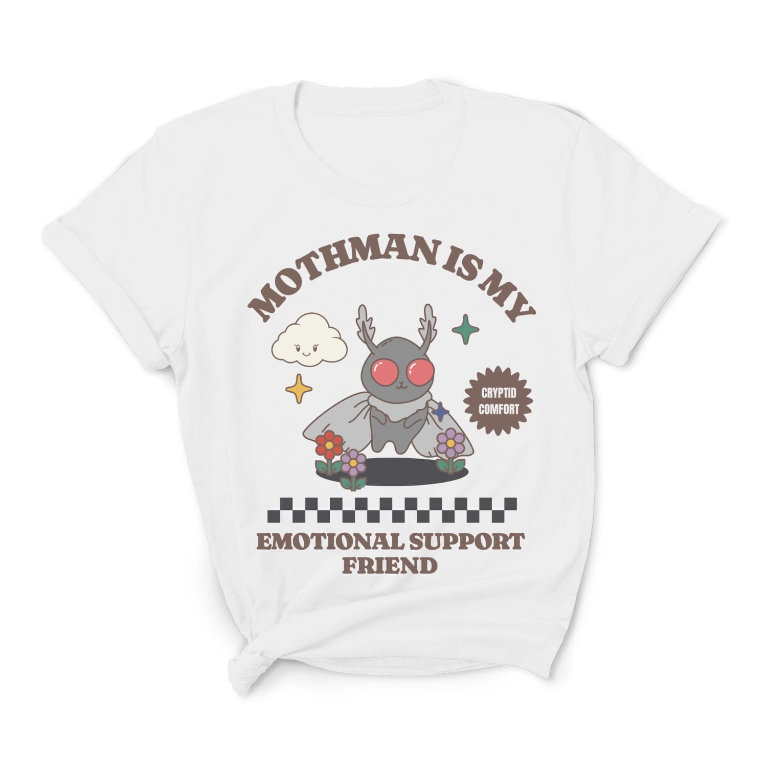White t-shirt with a cartoon Mothman design and text on a white background: Mental Health Mothman Comfort Colors Shirt, Cute Cryptidcore Neurospicy Tee, Funny Weirdcore Gift, Neurodivergent Overstimulated T-Shirt