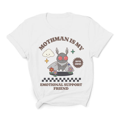 White t-shirt with a cartoon Mothman design and text on a white background: Mental Health Mothman Comfort Colors Shirt, Cute Cryptidcore Neurospicy Tee, Funny Weirdcore Gift, Neurodivergent Overstimulated T-Shirt