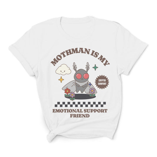 White t-shirt with a cartoon Mothman design and text on a white background: Mental Health Mothman Comfort Colors Shirt, Cute Cryptidcore Neurospicy Tee, Funny Weirdcore Gift, Neurodivergent Overstimulated T-Shirt