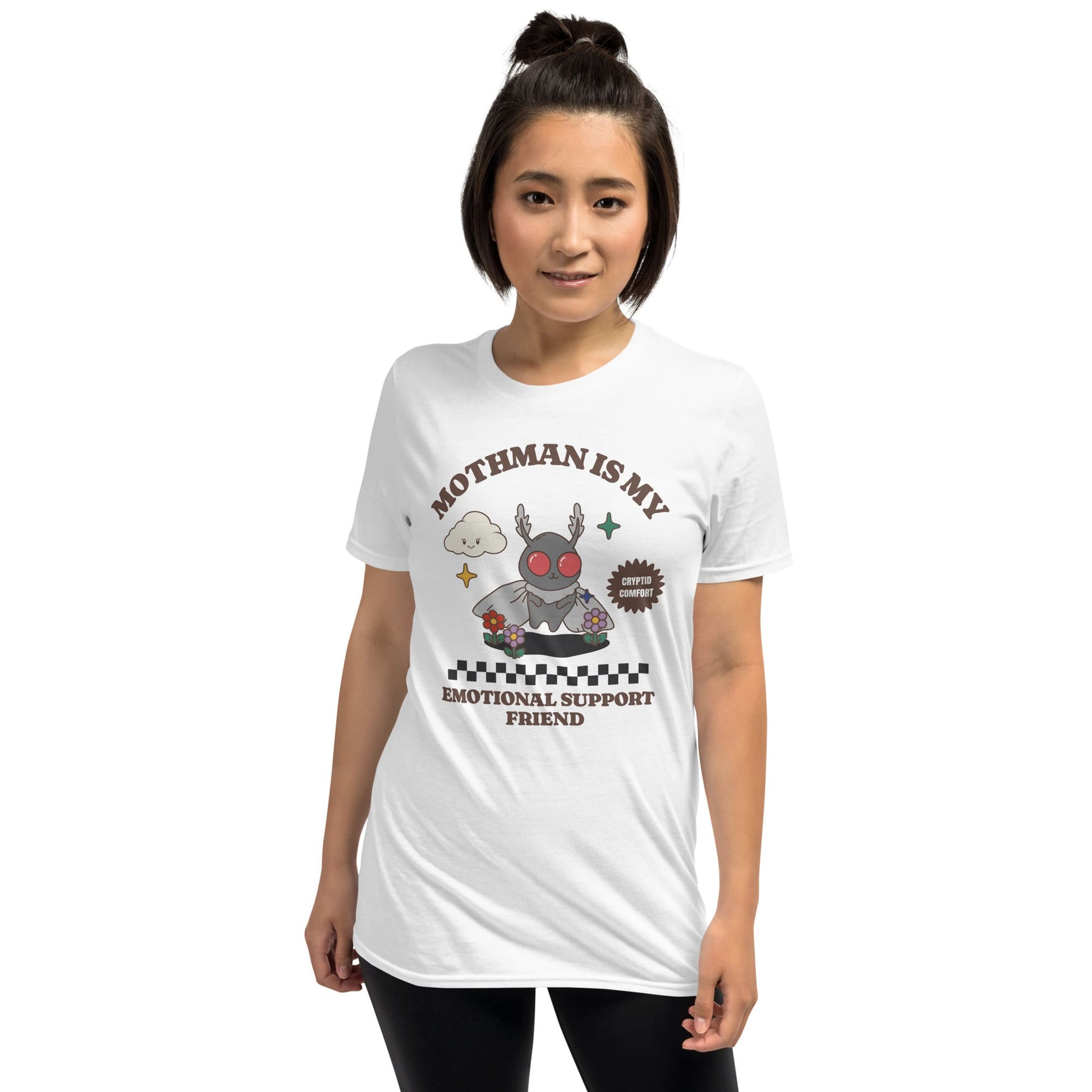 Person wearing a white t-shirt with a graphic design and text on a white background: Mental Health Mothman Comfort Colors Shirt, Cute Cryptidcore Neurospicy Tee, Funny Weirdcore Gift, Neurodivergent Overstimulated T-Shirt