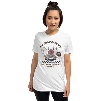 Person wearing a white t-shirt with a graphic design and text on a white background: Mental Health Mothman Comfort Colors Shirt, Cute Cryptidcore Neurospicy Tee, Funny Weirdcore Gift, Neurodivergent Overstimulated T-Shirt