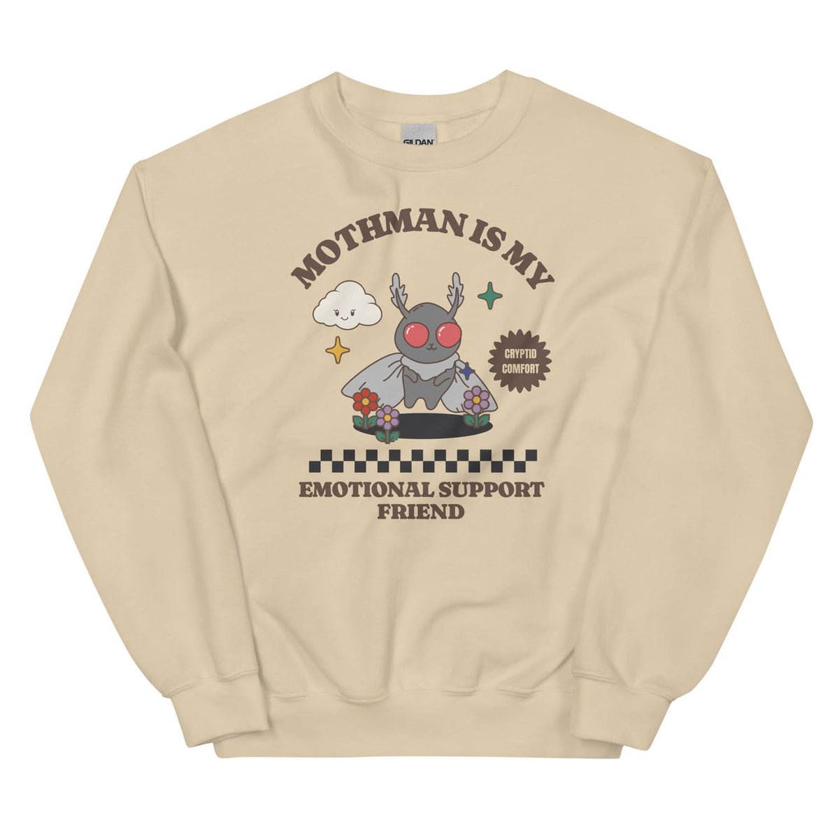 Beige mental health sweatshirt with a cartoon Mothman design and text on a white background