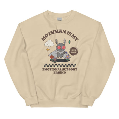 Beige mental health sweatshirt with a cartoon Mothman design and text on a white background