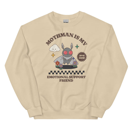 Beige mental health sweatshirt with a cartoon Mothman design and text on a white background