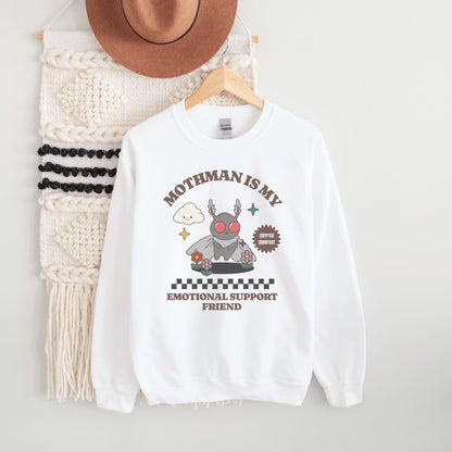 White sweatshirt with rmental health mothman graphic and text on a hanger against a white background