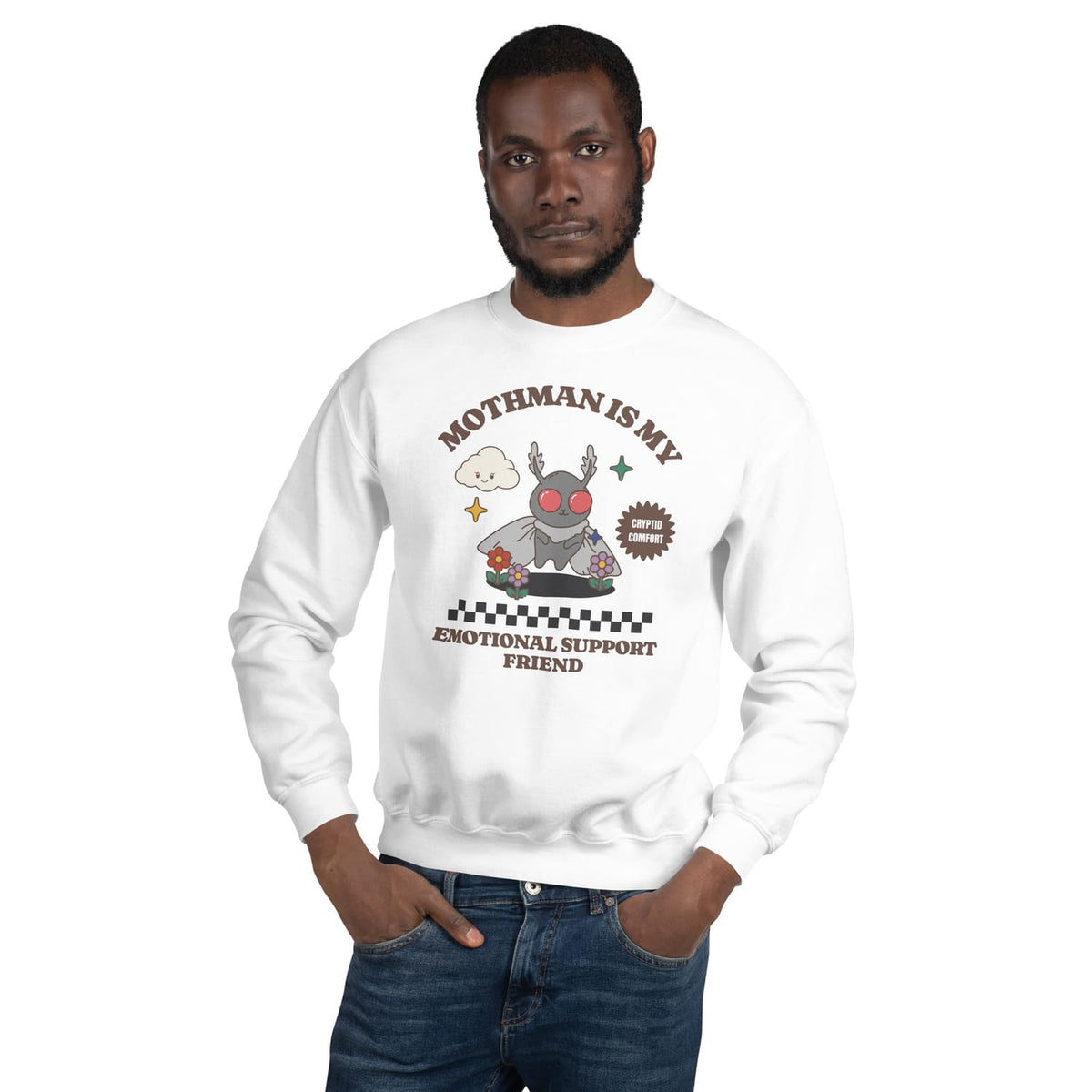 Man wearing a white sweatshirt with a mental health graphic design and text on a white background