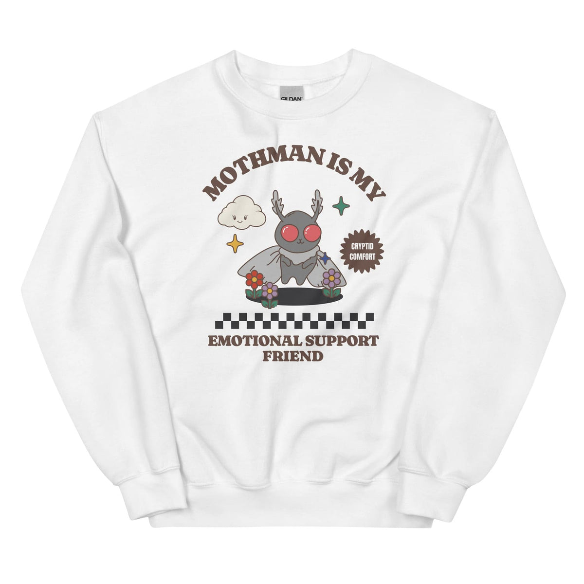 White sweatshirt with a mental health mothman character and text on a white background