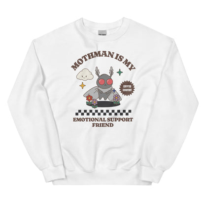 White sweatshirt with a mental health mothman character and text on a white background
