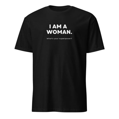 Black t-shirt with white feminist text on a white background