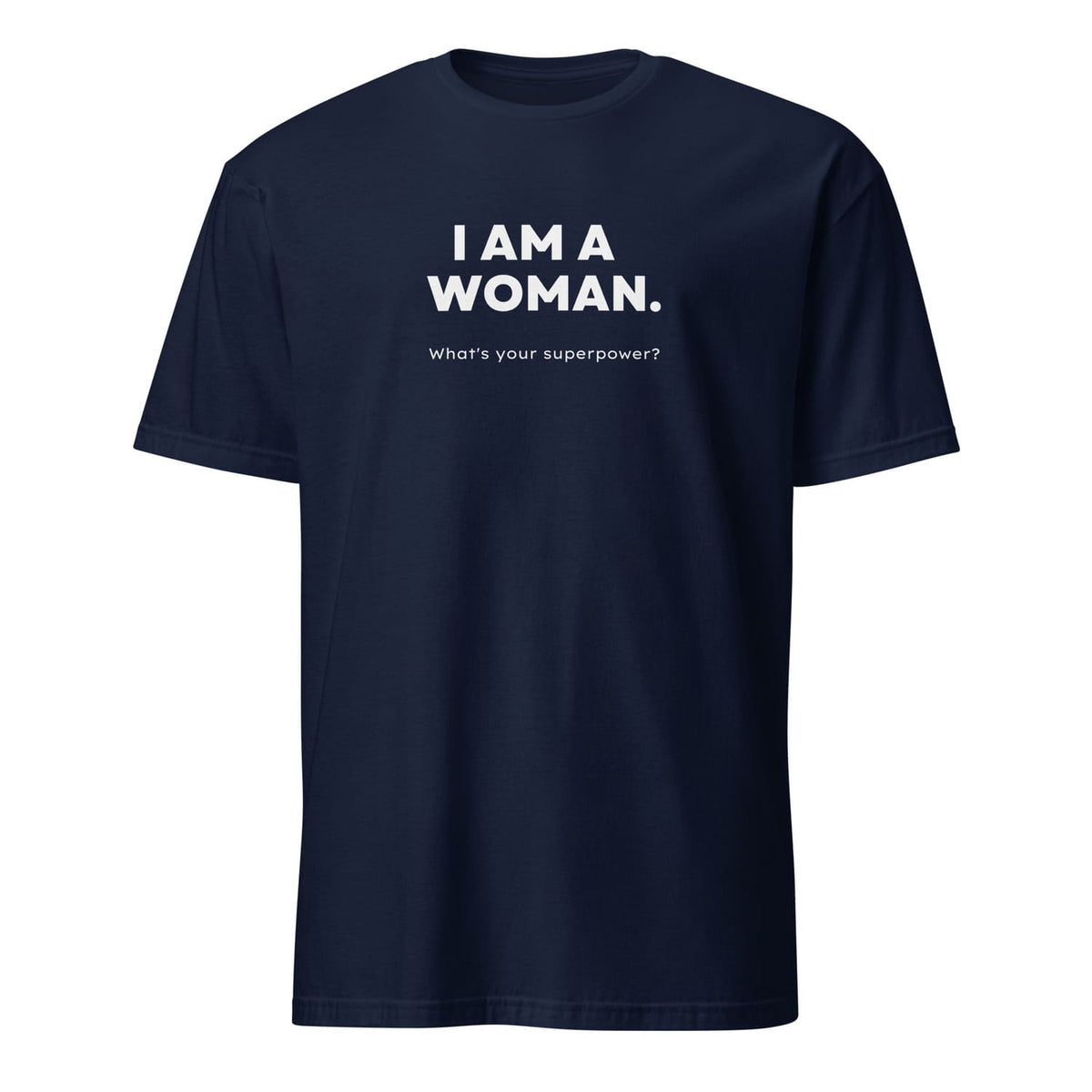 Navy blue t-shirt with white feminist text on a white background