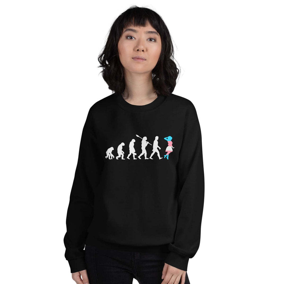 Transgender woman wearing a black sweatshirt with a transition MTF graphic design on a white background