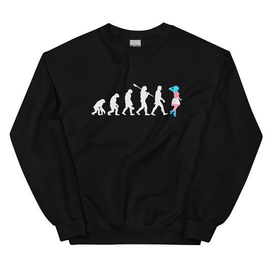 Black sweatshirt with a graphic design of transgender evolution on a white background