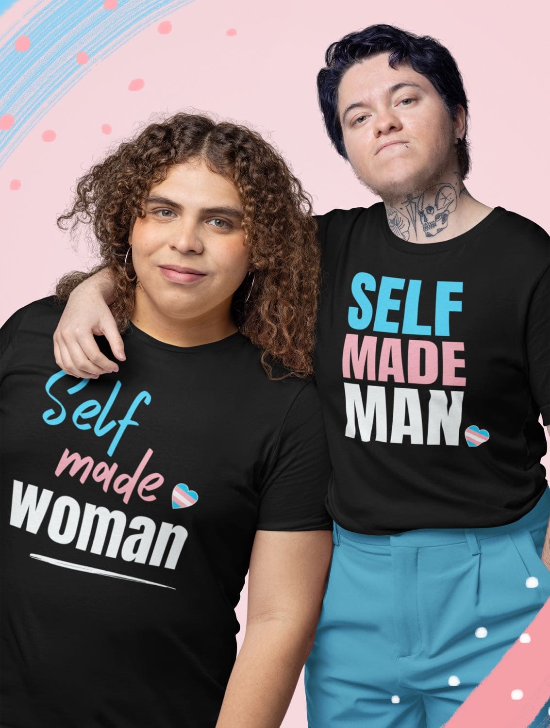 transgender FTM shirt, self made man trans pride, in use