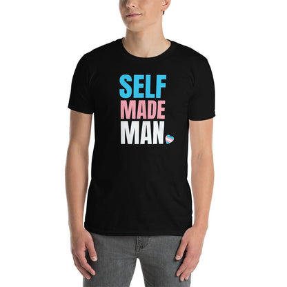 transgender FTM shirt, self made man trans pride, model front