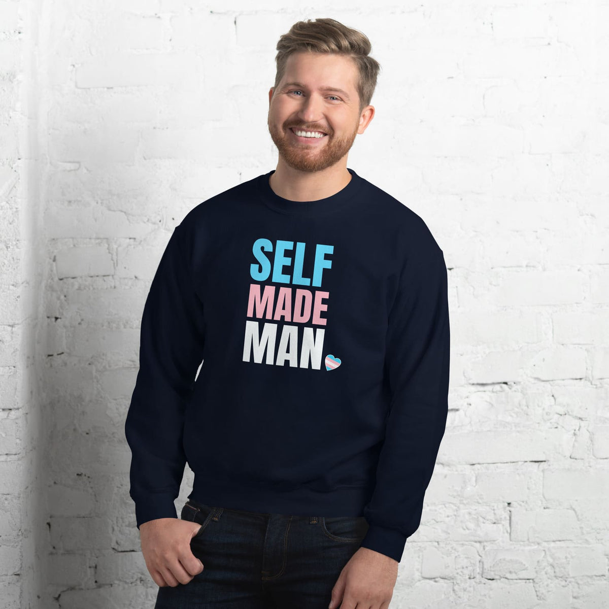 FTM transgender man wearing navy sweatshirt