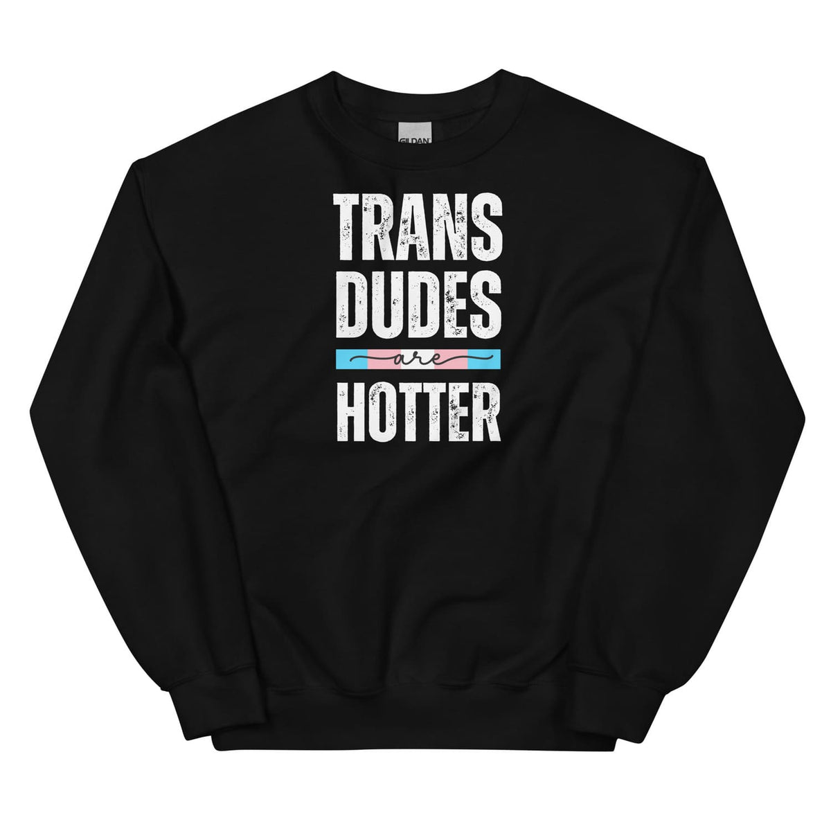 Black transgender ftm sweatshirt with text 'TRANS DUDES ARE HOTTER' on a white background