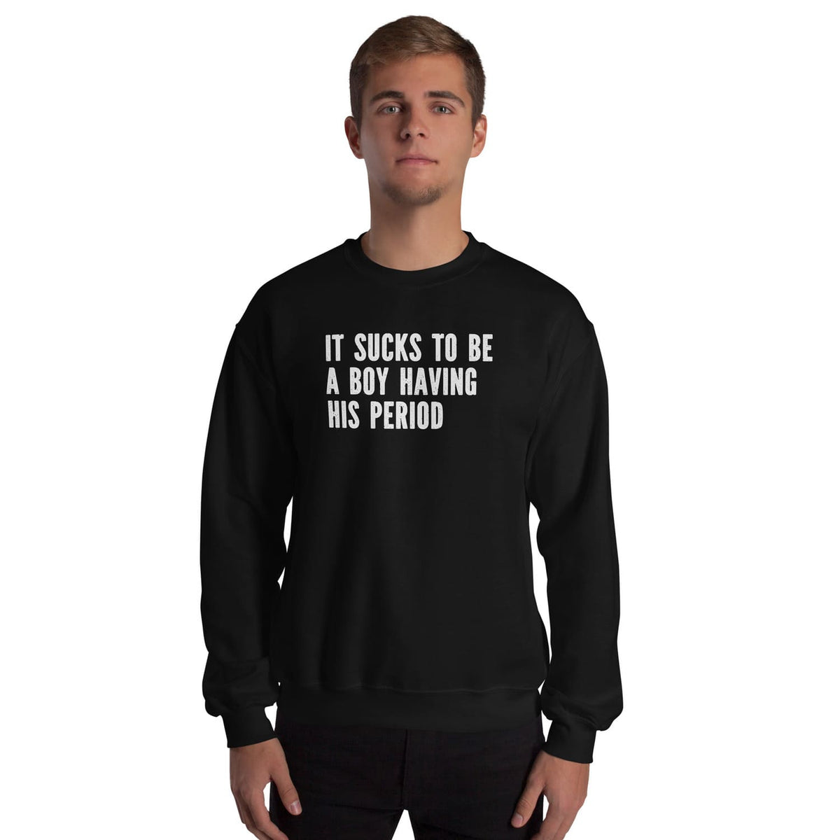 ftm trans wearing a black sweatshirt with text on a white background