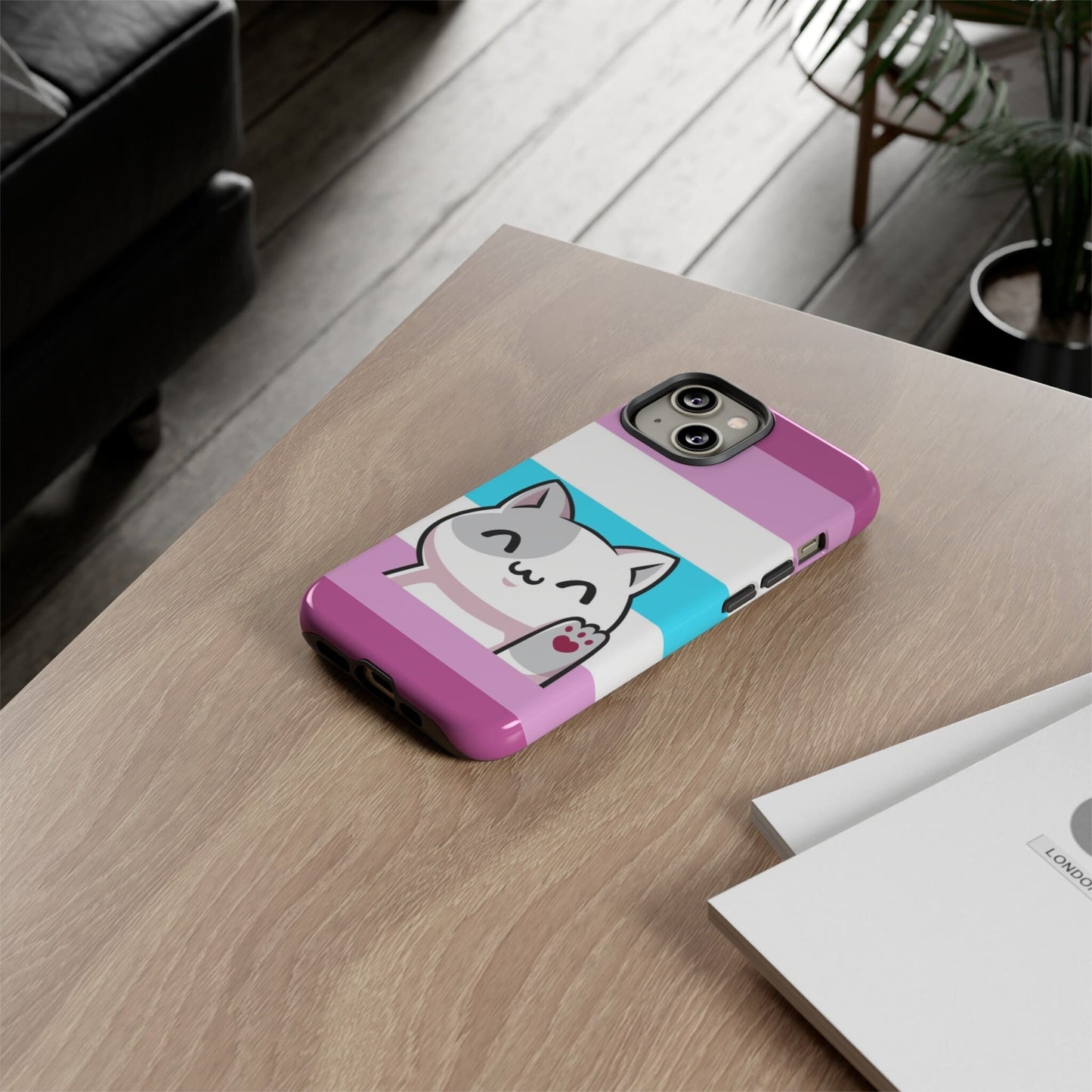 femboy phone case kawaii cat, on table