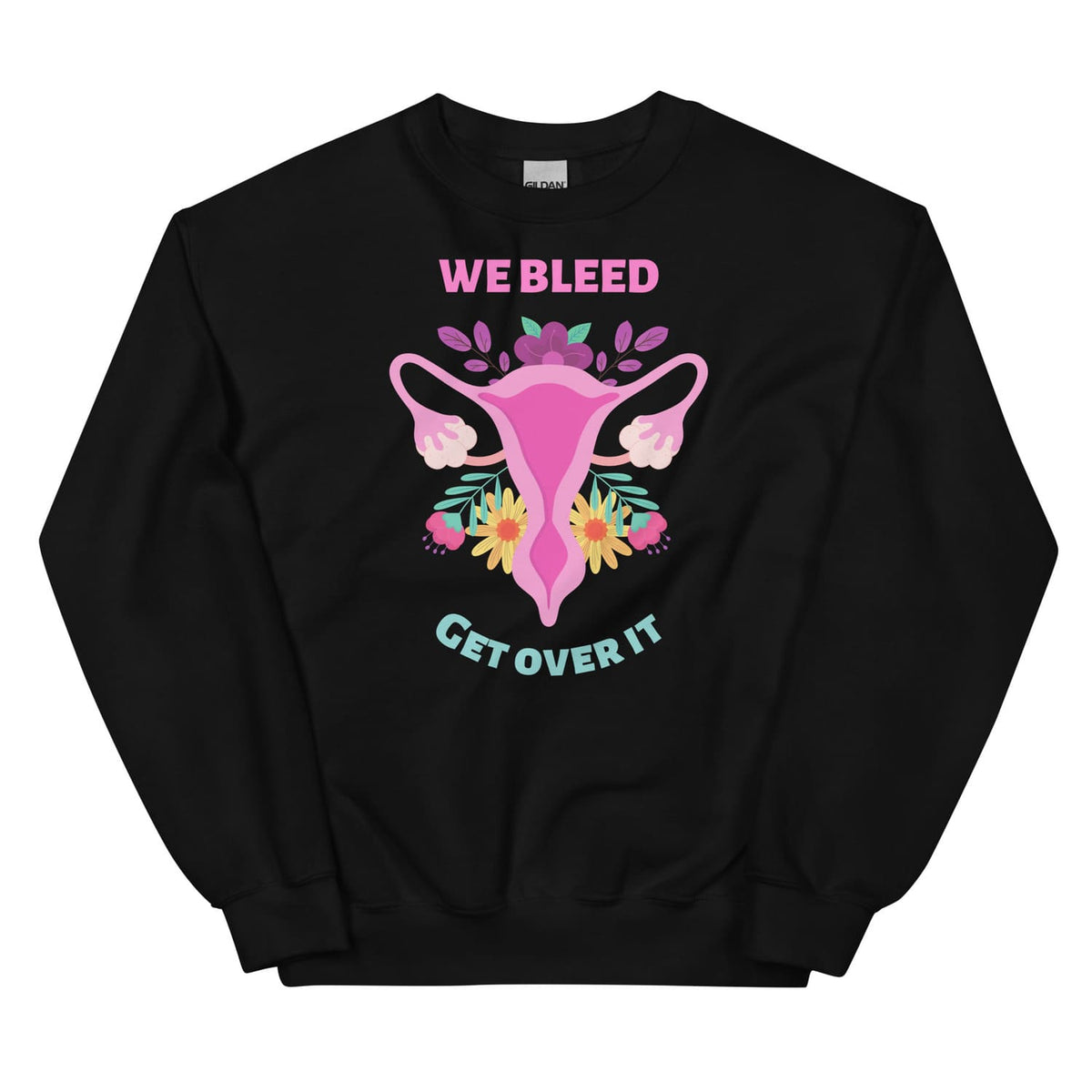 Black feminist sweatshirt with a graphic design of a uterine cervix and flowers, accompanied by text, on a white background.