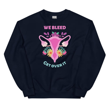 Navy  feminist sweatshirt with a graphic design of a uterine cervix and flowers, accompanied by text, on a white background.