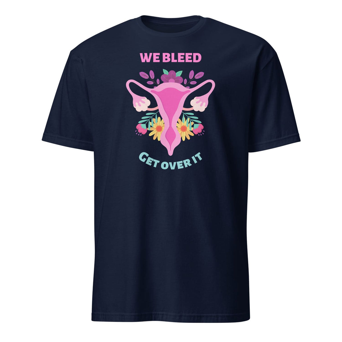 Navy feminist t-shirt with a graphic design on a white background
