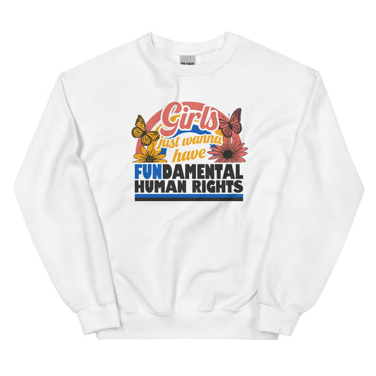 White feminist sweatshirt with colorful graphic and text on a white background