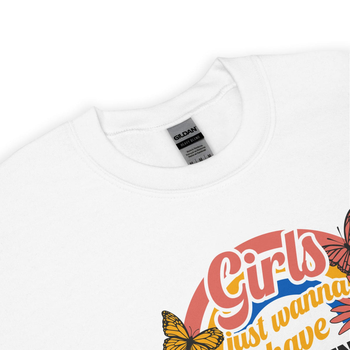 White feminist sweatshirt with colorful graphic design and 'Gildan' label on a white background