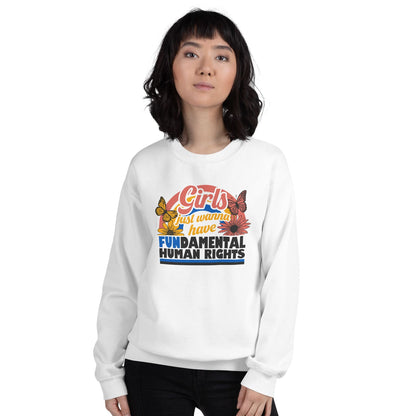 Person wearing a white feminist sweatshirt with a colorful graphic and text on a white background
