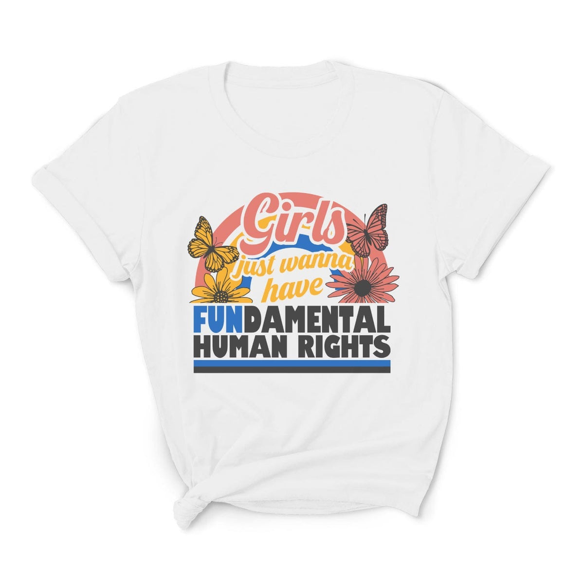 White feminist t-shirt with colorful graphic and text on a white background