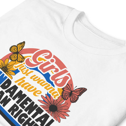 White feminist t-shirt with colorful graphic design featuring text and butterflies on a white background