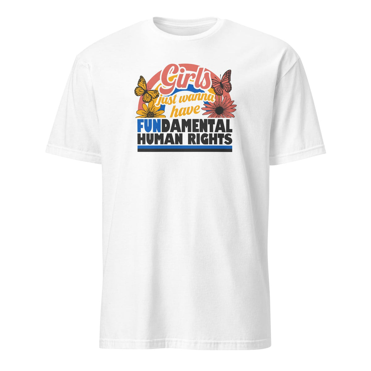 White feminist t-shirt with colorful graphic and text on a white background