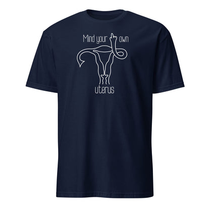 Navy blue t-shirt with feminist graphics on a white background