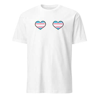 White mtf t-shirt with two heart-shaped transgender pride flag boobs on a white background