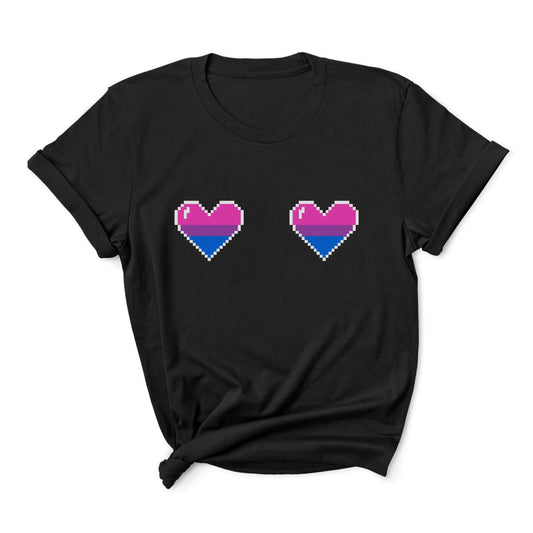 Black t-shirt with pixelated bi pride hearts on a white background